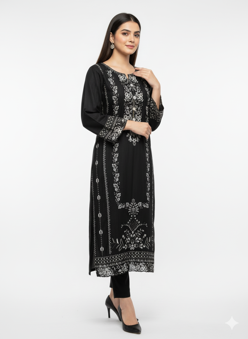 Black Embroidered Khaddar Suit with Shawl | 3 Piece Pakistani Winter Collection Dress