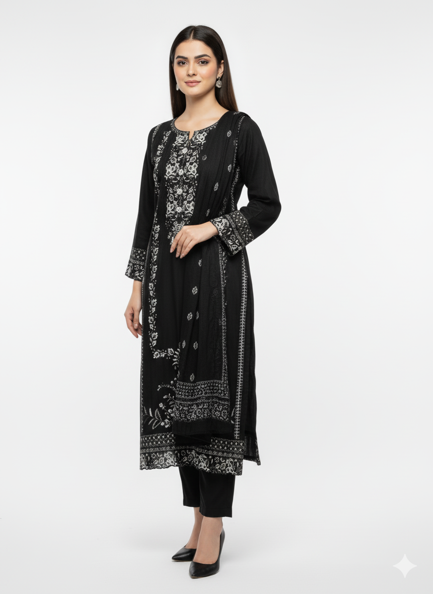 Black Embroidered Khaddar Suit with Shawl | 3 Piece Pakistani Winter Collection Dress