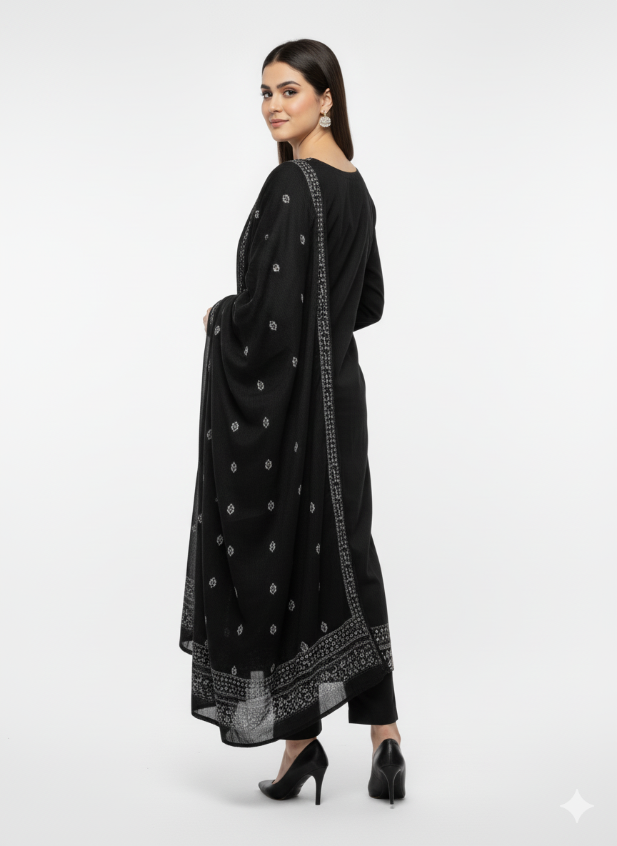Black Embroidered Khaddar Suit with Shawl | 3 Piece Pakistani Winter Collection Dress