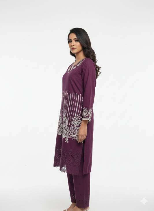 Lareza Deep Plum Embroidered 3-Piece Suit