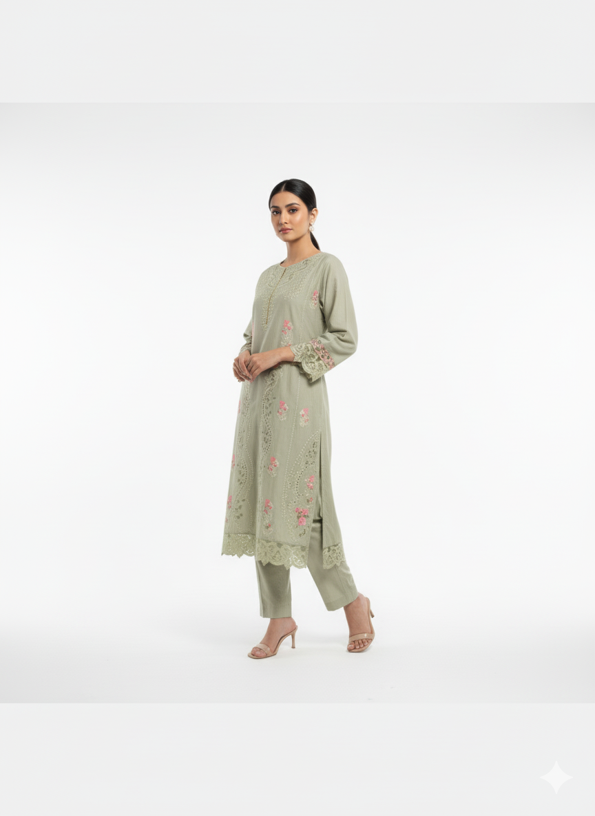 Sage Green Embroidered 3-Piece Winter Cotton Suit