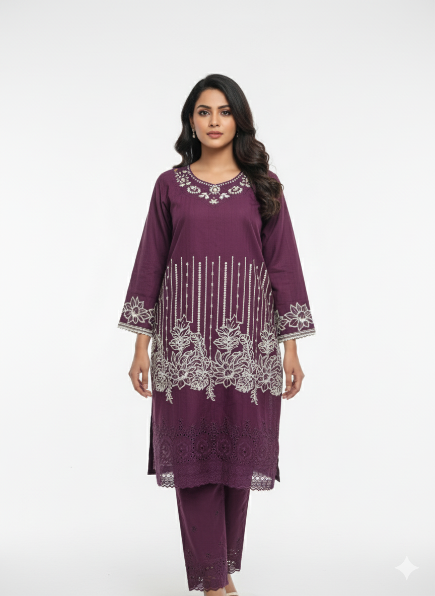 Lareza Deep Plum Embroidered 3-Piece Suit