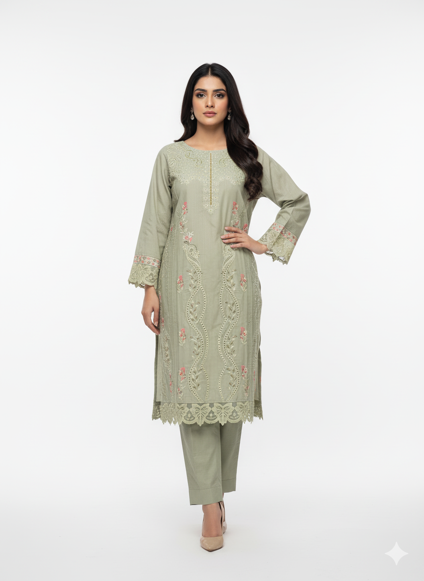 Sage Green Embroidered 3-Piece Winter Cotton Suit