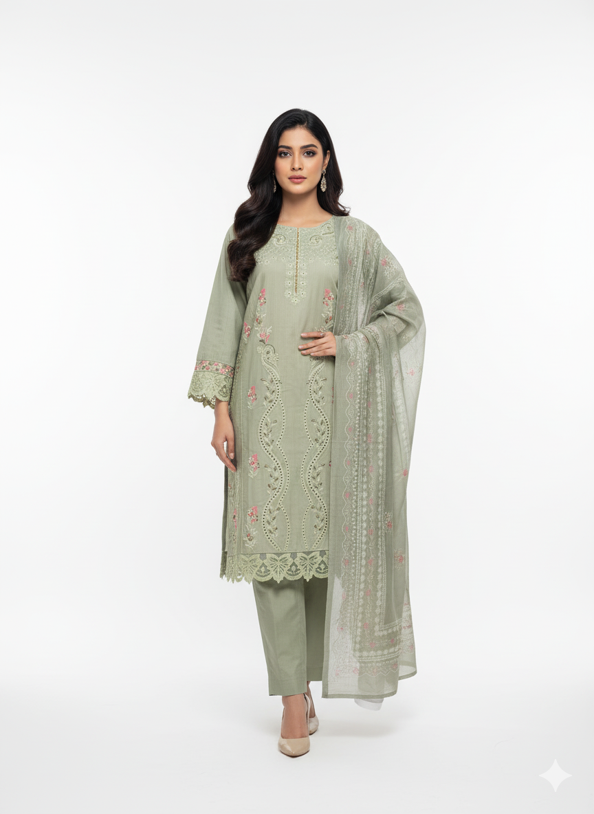 Sage Green Embroidered 3-Piece Winter Cotton Suit