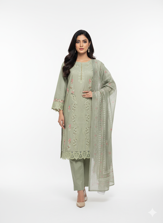 Sage Green Embroidered 3-Piece Winter Cotton Suit