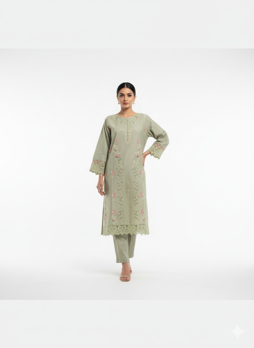 Sage Green Embroidered 3-Piece Winter Cotton Suit