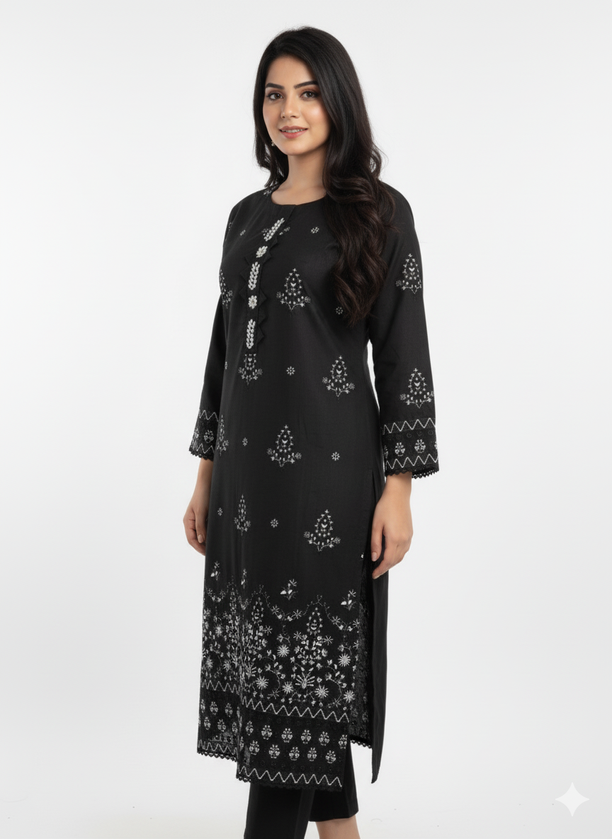 Black Embroidered 3-Piece Winter Cotton Suit