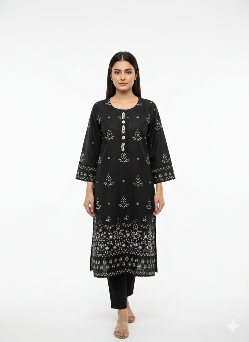 Black Embroidered 3-Piece Winter Cotton Suit