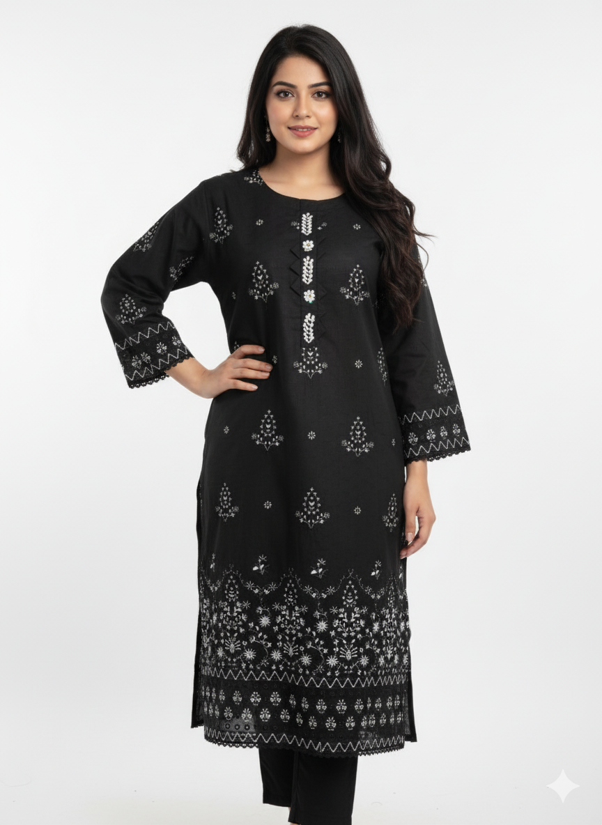 Black Embroidered 3-Piece Winter Cotton Suit