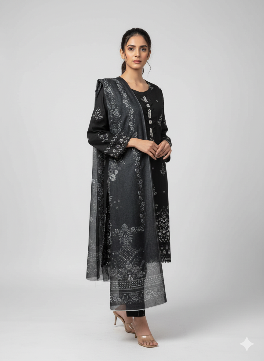 Black Embroidered 3-Piece Winter Cotton Suit