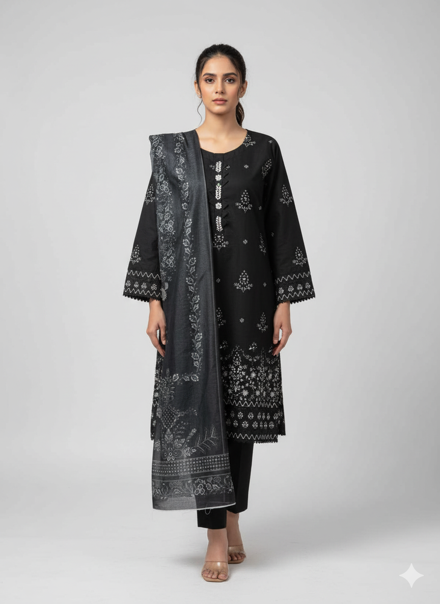 Black Embroidered 3-Piece Winter Cotton Suit