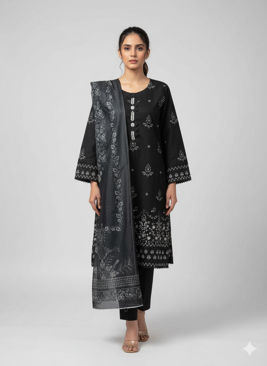 Black Embroidered 3-Piece Winter Cotton Suit