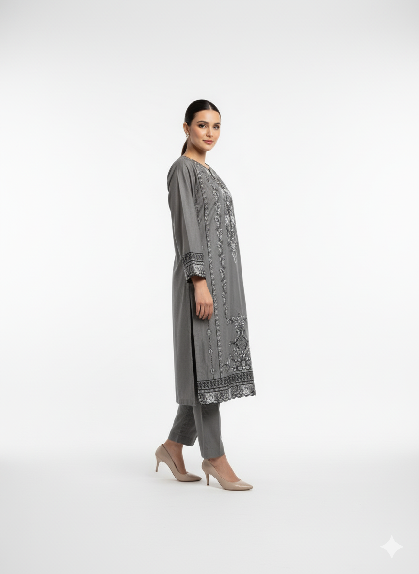 Grey Embroidered 3-Piece Winter Cotton Suit