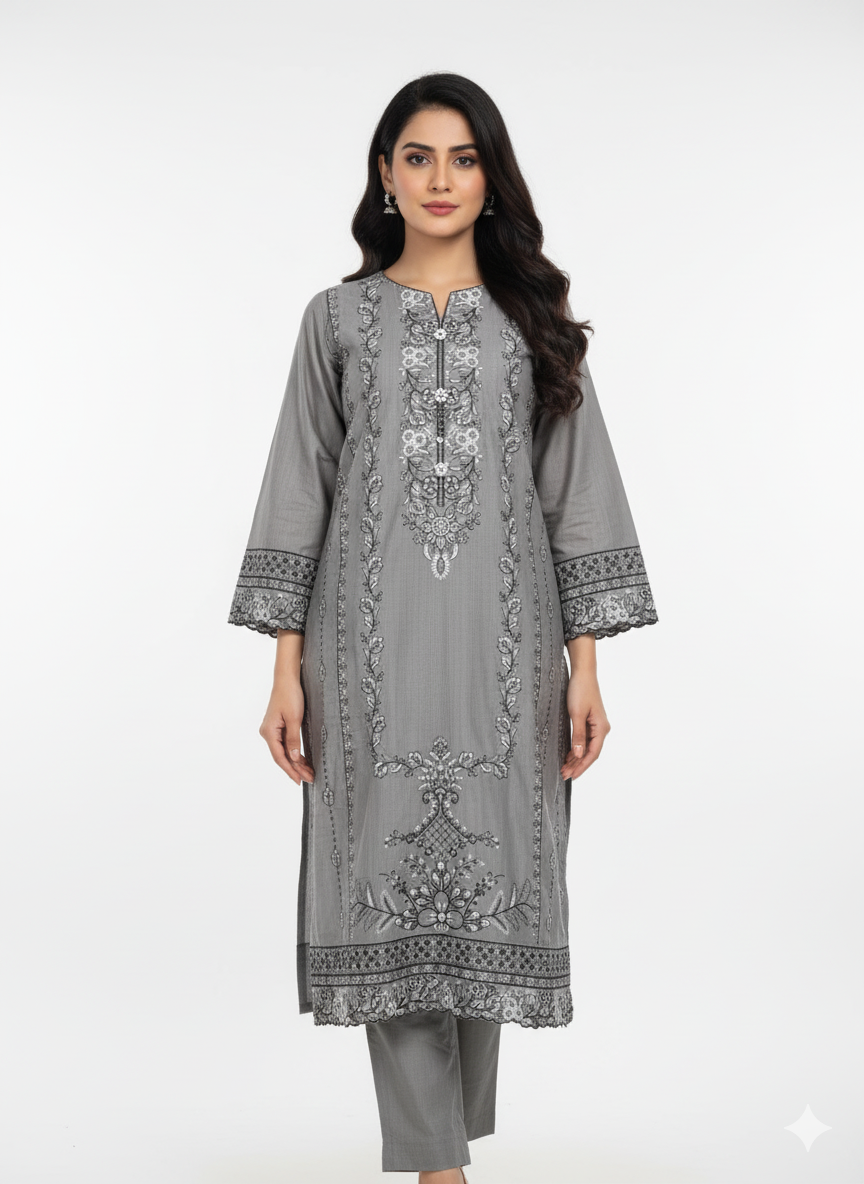 Grey Embroidered 3-Piece Winter Cotton Suit