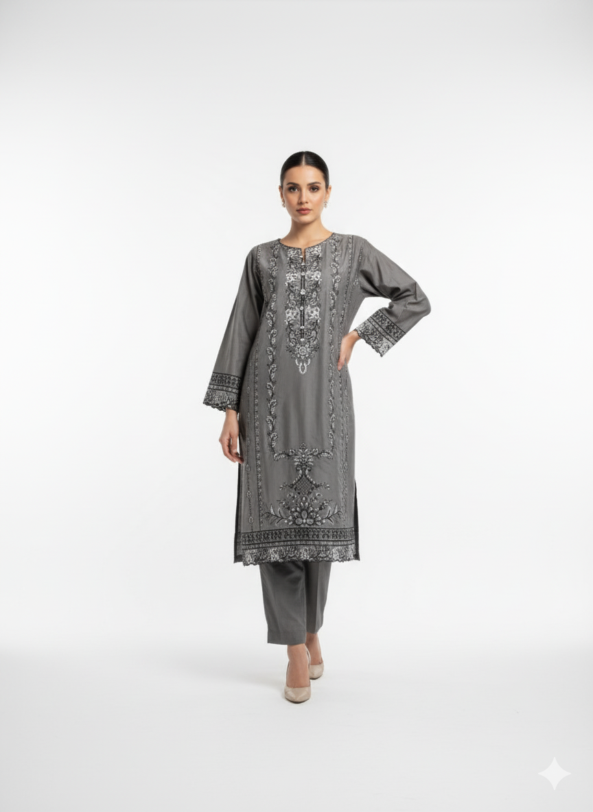 Grey Embroidered 3-Piece Winter Cotton Suit