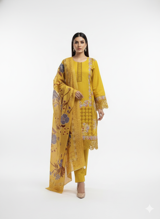 Mustard Embroidered Winter Cotton 3-Piece Suit