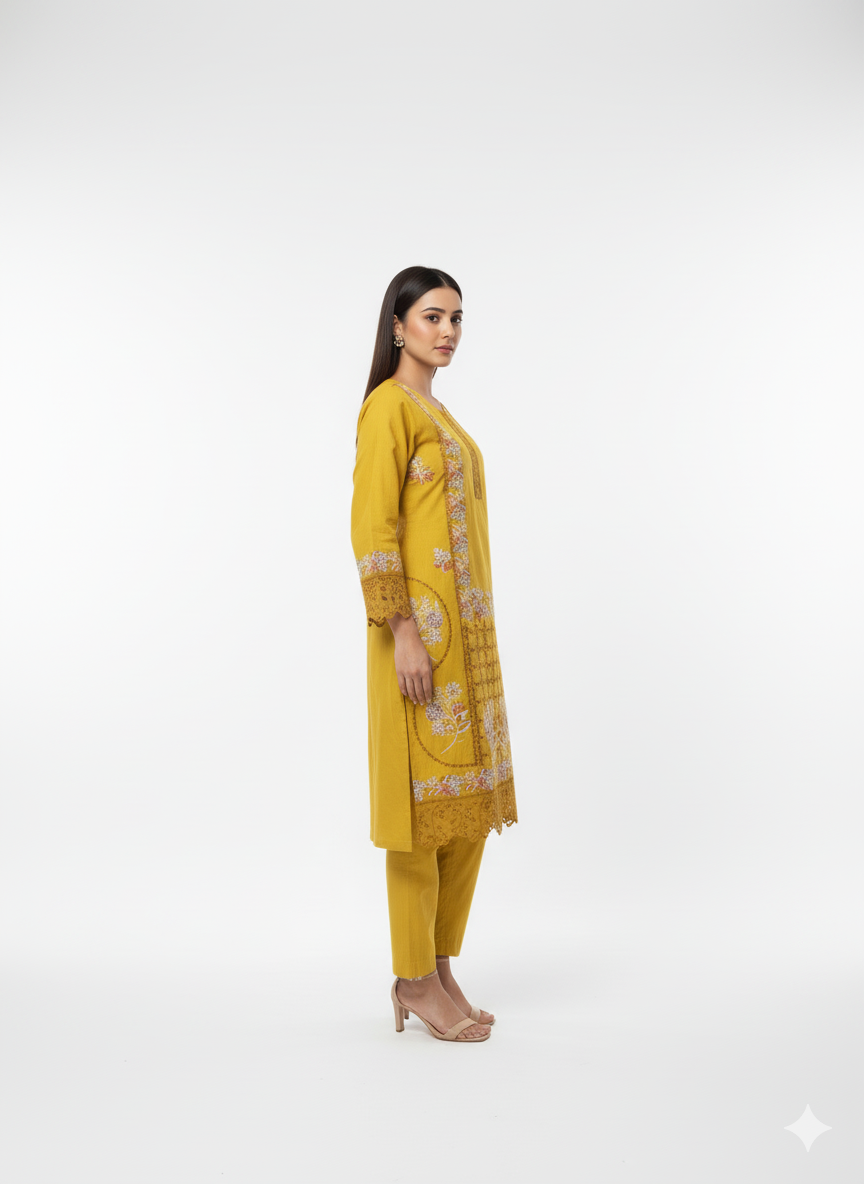 Mustard Embroidered Winter Cotton 3-Piece Suit