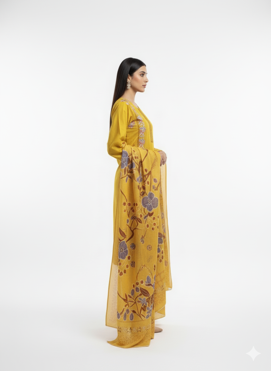 Mustard Embroidered Winter Cotton 3-Piece Suit