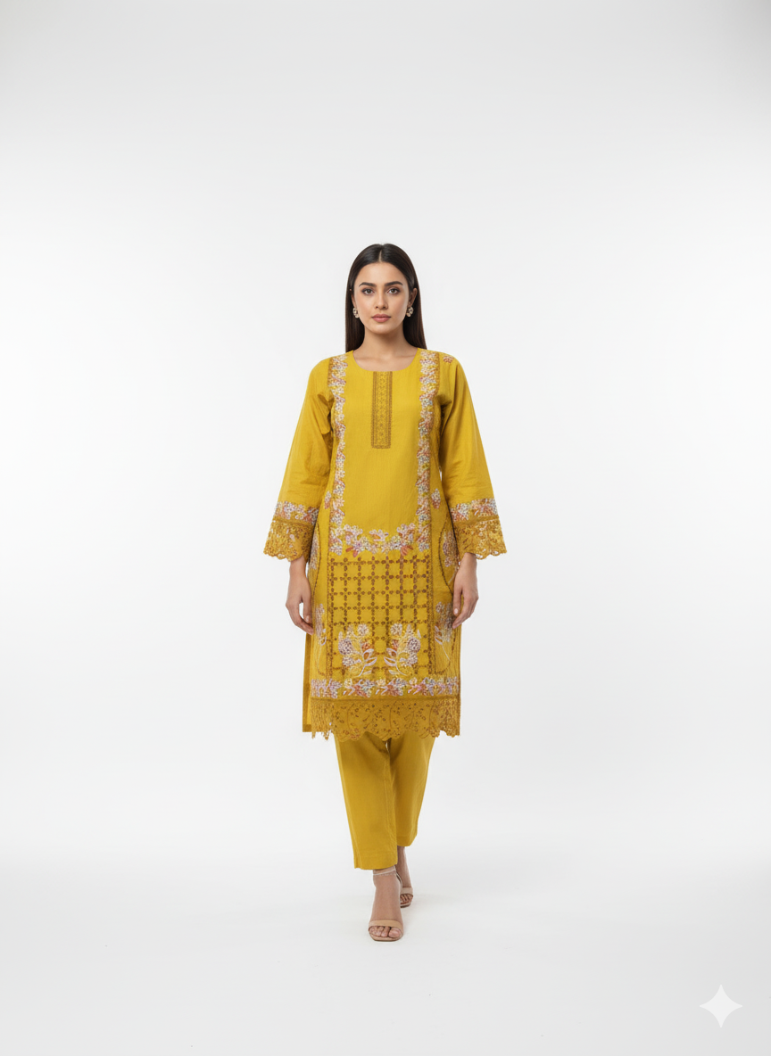 Mustard Embroidered Winter Cotton 3-Piece Suit