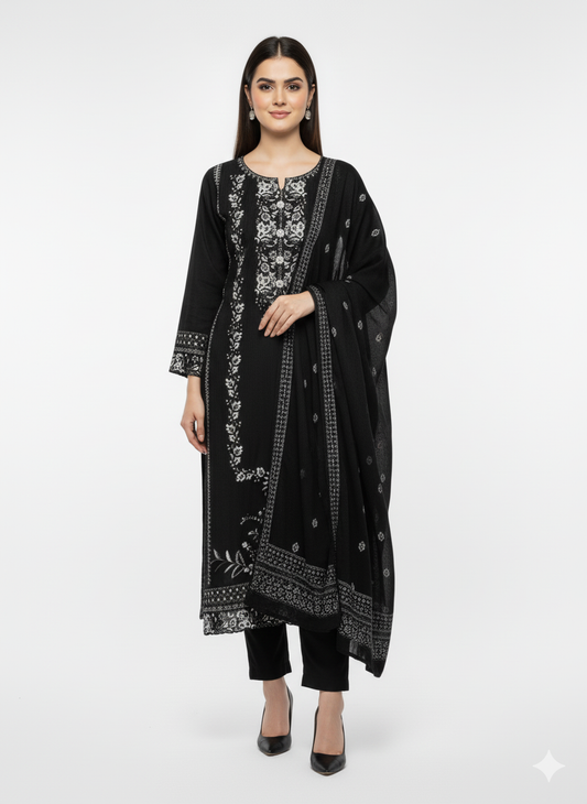 Black Embroidered Khaddar Suit with Shawl | 3 Piece Pakistani Winter Collection Dress
