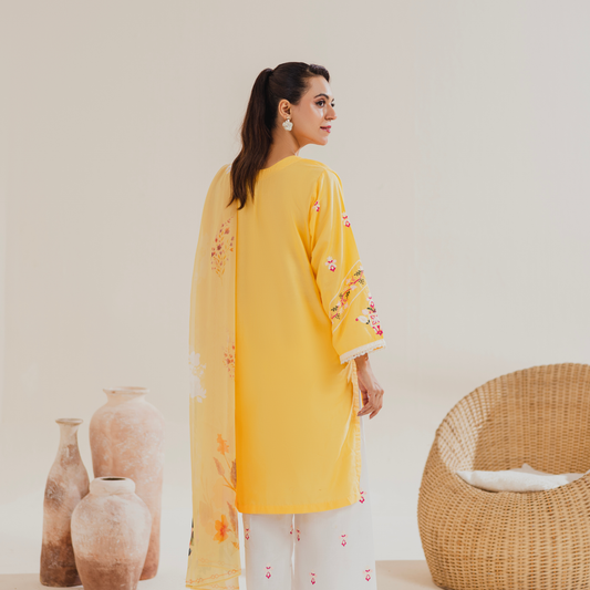 Lareza Sunshine Yellow Embroidered Winter Cotton 3-Piece Suit