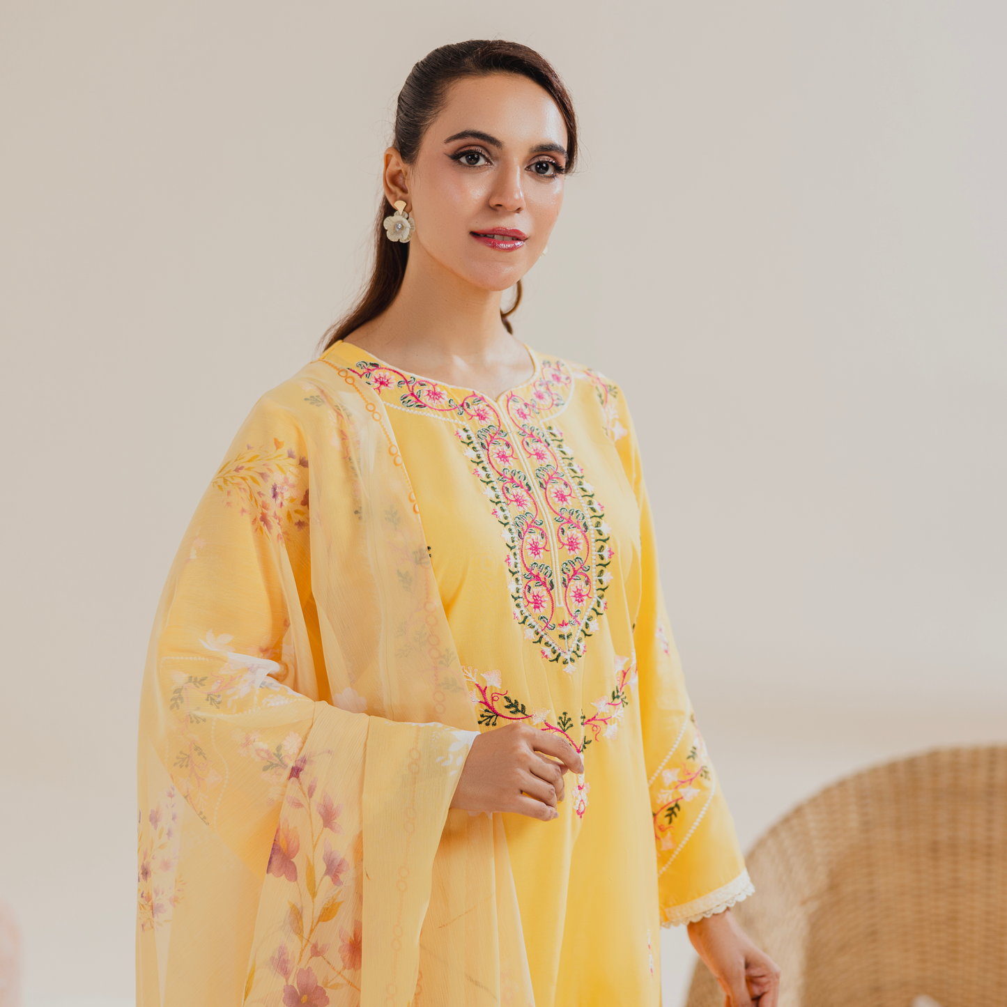 Lareza Sunshine Yellow Embroidered Winter Cotton 3-Piece Suit