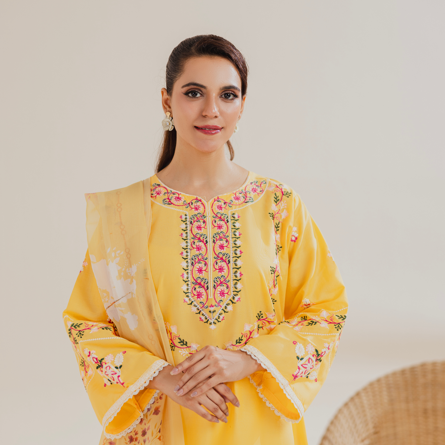 Lareza Sunshine Yellow Embroidered Winter Cotton 3-Piece Suit