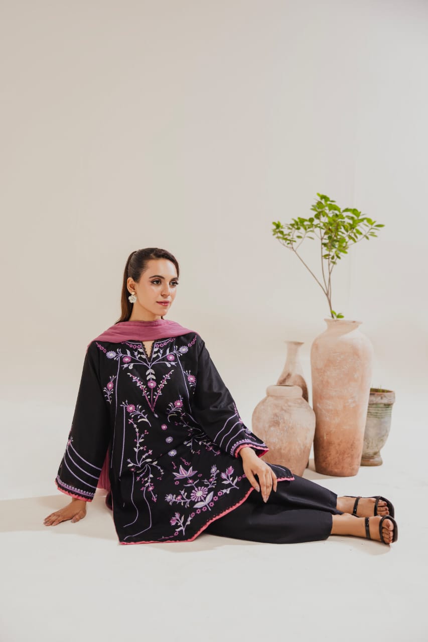 Black Embroidered 3-Piece Lawn Suit with Pink Dupatta