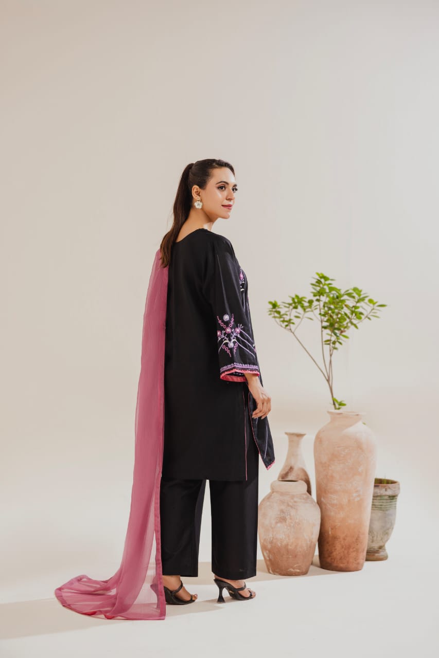 Black Embroidered 3-Piece Lawn Suit with Pink Dupatta