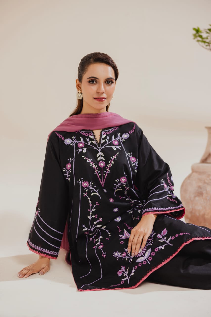 Black Embroidered 3-Piece Lawn Suit with Pink Dupatta