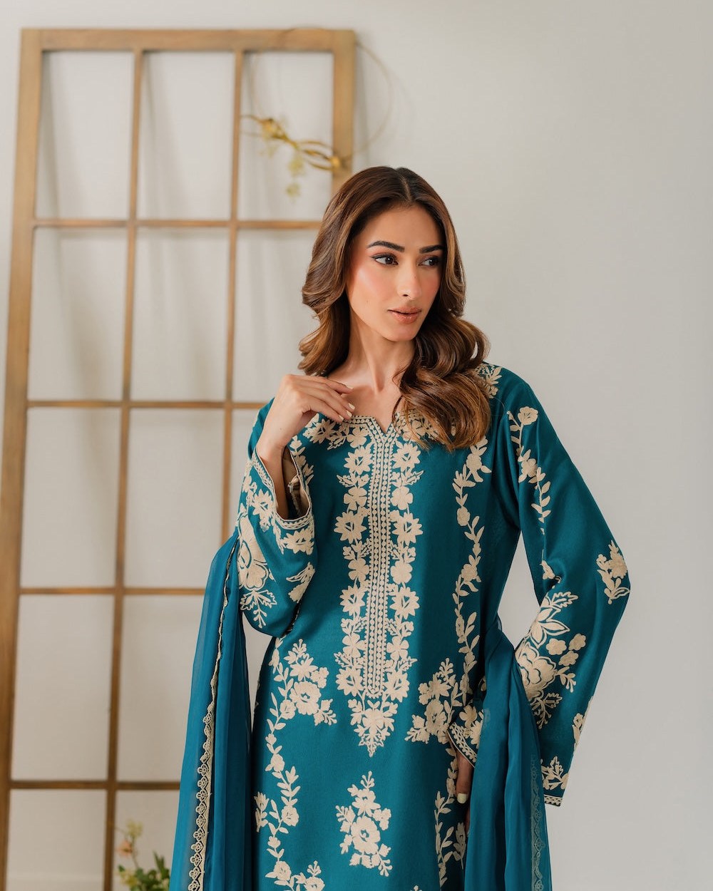 Majestic Peacock Blue Embroidered Luxury Suit | Formal 3-Piece Chiffon/Silk Dress with Heavy Gold Work | Ready to Wear