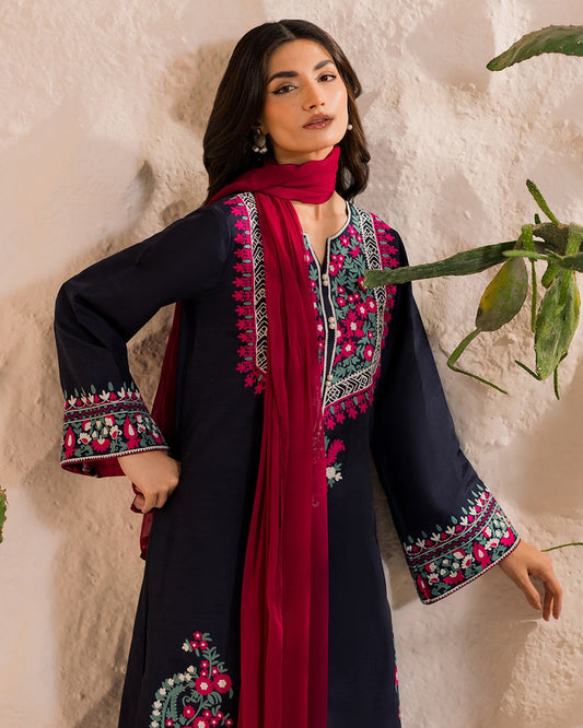 Bold Navy Blue Multi-Embroidered Winter Suit | 3-Piece Khaddar Dress with Contrast Fuchsia Dupatta | Festive Ready-to-Wear