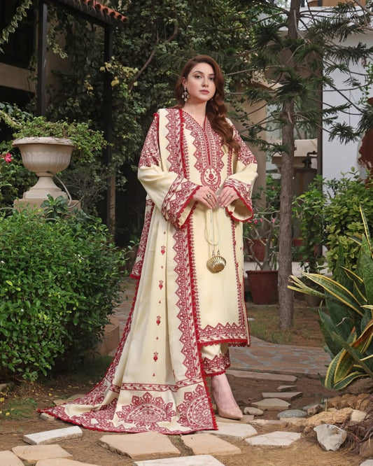 Classic Ivory & Maroon Heavy Embroidered 3-Piece Suit | Luxurious Winter Khaddar Dress | Festive & Wedding Wear
