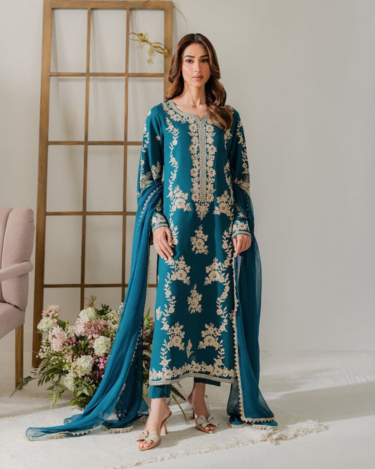 Majestic Peacock Blue Embroidered Luxury Suit | Formal 3-Piece Chiffon/Silk Dress with Heavy Gold Work | Ready to Wear