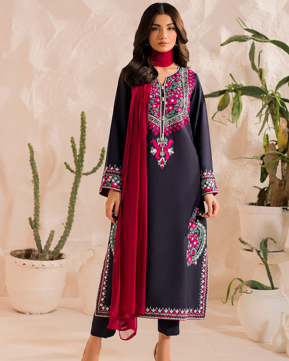 Bold Navy Blue Multi-Embroidered Winter Suit | 3-Piece Khaddar Dress with Contrast Fuchsia Dupatta | Festive Ready-to-Wear