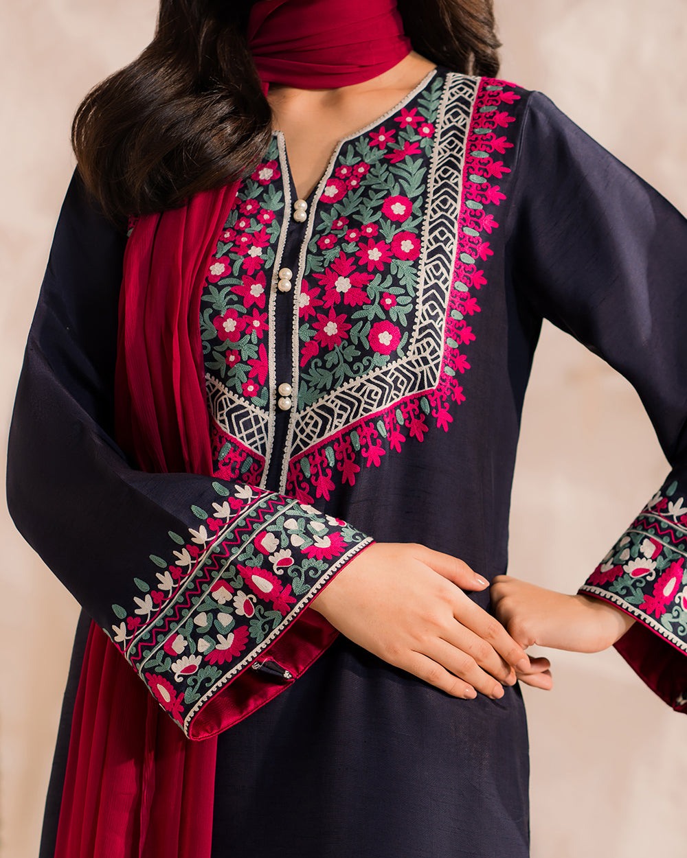 Bold Navy Blue Multi-Embroidered Winter Suit | 3-Piece Khaddar Dress with Contrast Fuchsia Dupatta | Festive Ready-to-Wear