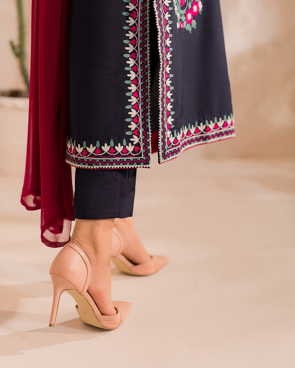 Bold Navy Blue Multi-Embroidered Winter Suit | 3-Piece Khaddar Dress with Contrast Fuchsia Dupatta | Festive Ready-to-Wear