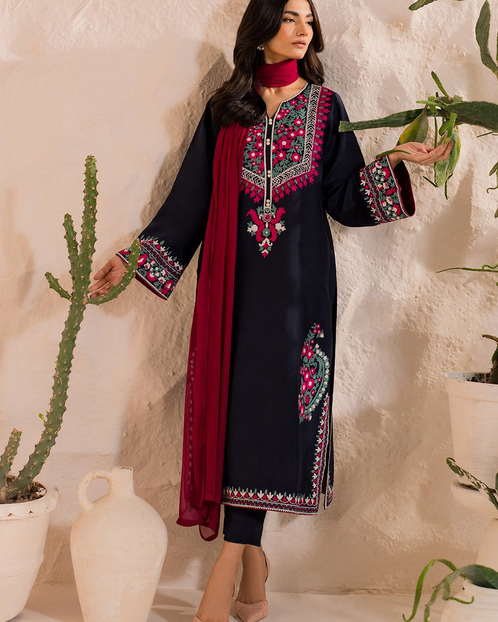 Bold Navy Blue Multi-Embroidered Winter Suit | 3-Piece Khaddar Dress with Contrast Fuchsia Dupatta | Festive Ready-to-Wear