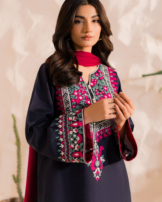 Bold Navy Blue Multi-Embroidered Winter Suit | 3-Piece Khaddar Dress with Contrast Fuchsia Dupatta | Festive Ready-to-Wear