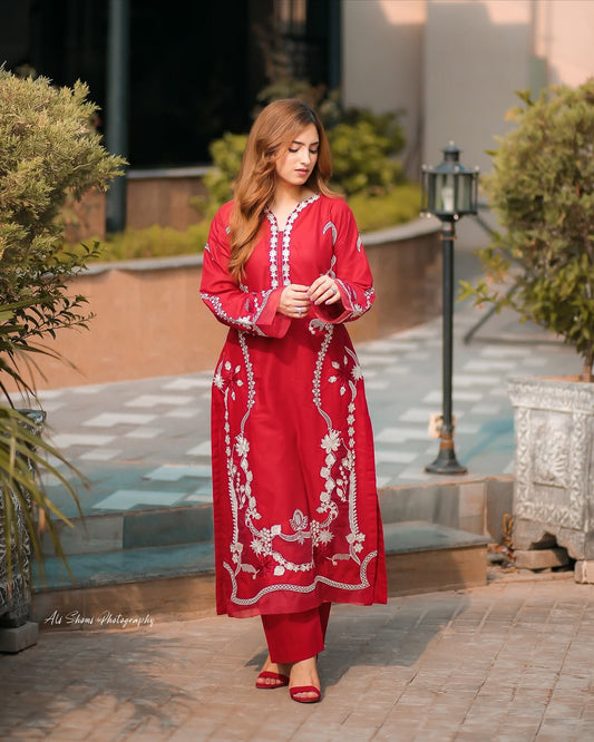 Vibrant Crimson Red 2-Piece Embroidered Kurta Set | White Thread Work Summer Lawn Suit | Ready-to-Wear Casual Chic