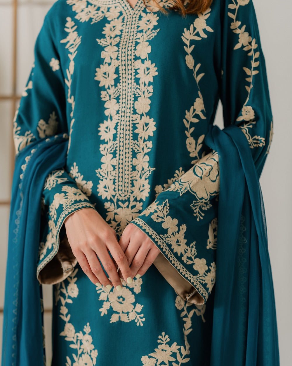 Majestic Peacock Blue Embroidered Luxury Suit | Formal 3-Piece Chiffon/Silk Dress with Heavy Gold Work | Ready to Wear