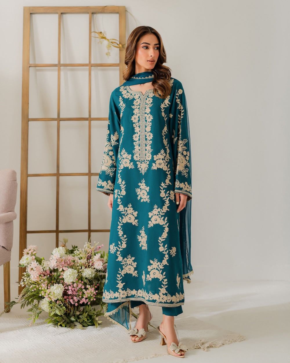 Majestic Peacock Blue Embroidered Luxury Suit | Formal 3-Piece Chiffon/Silk Dress with Heavy Gold Work | Ready to Wear