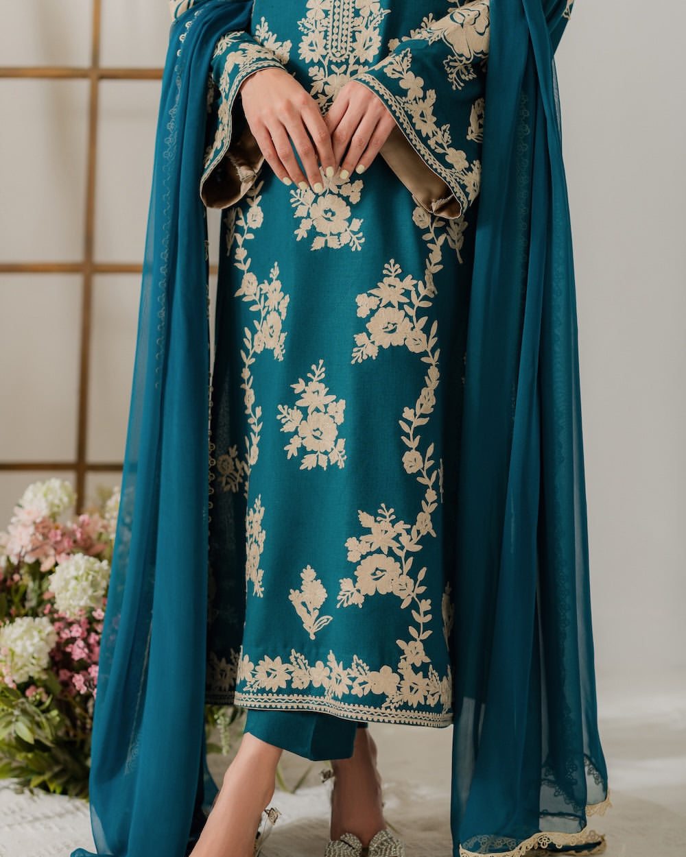 Majestic Peacock Blue Embroidered Luxury Suit | Formal 3-Piece Chiffon/Silk Dress with Heavy Gold Work | Ready to Wear