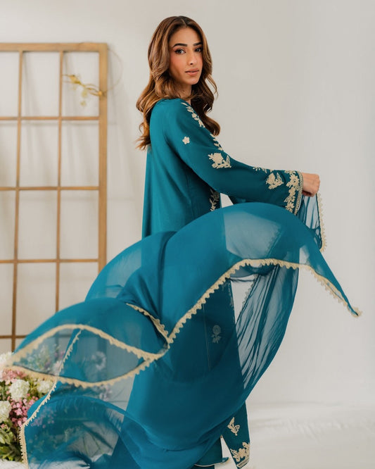 Majestic Peacock Blue Embroidered Luxury Suit | Formal 3-Piece Chiffon/Silk Dress with Heavy Gold Work | Ready to Wear
