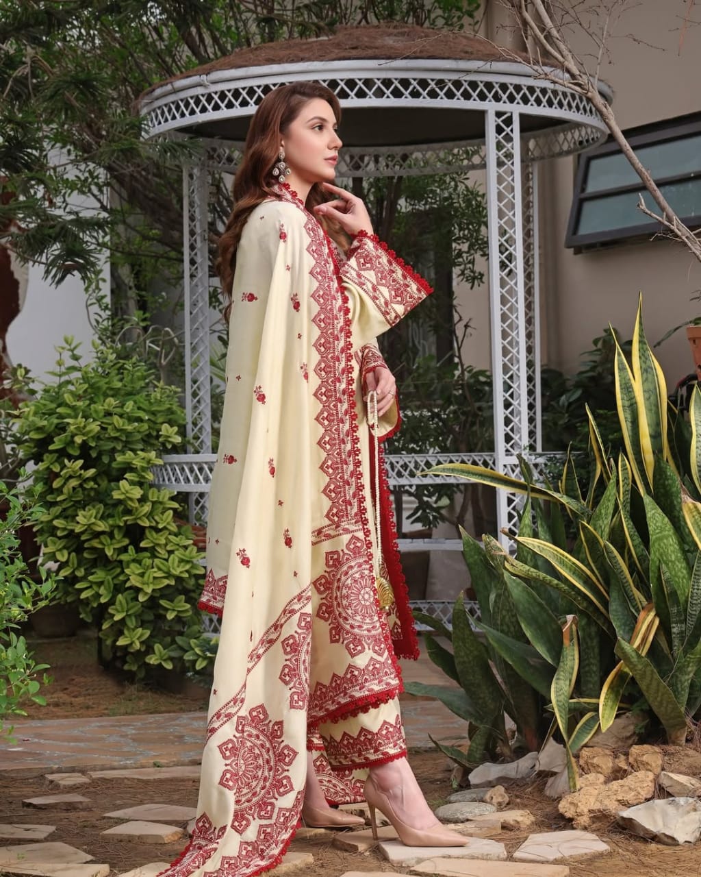 Classic Ivory & Maroon Heavy Embroidered 3-Piece Suit | Luxurious Winter Khaddar Dress | Festive & Wedding Wear