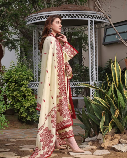 Classic Ivory & Maroon Heavy Embroidered 3-Piece Suit | Luxurious Winter Khaddar Dress | Festive & Wedding Wear