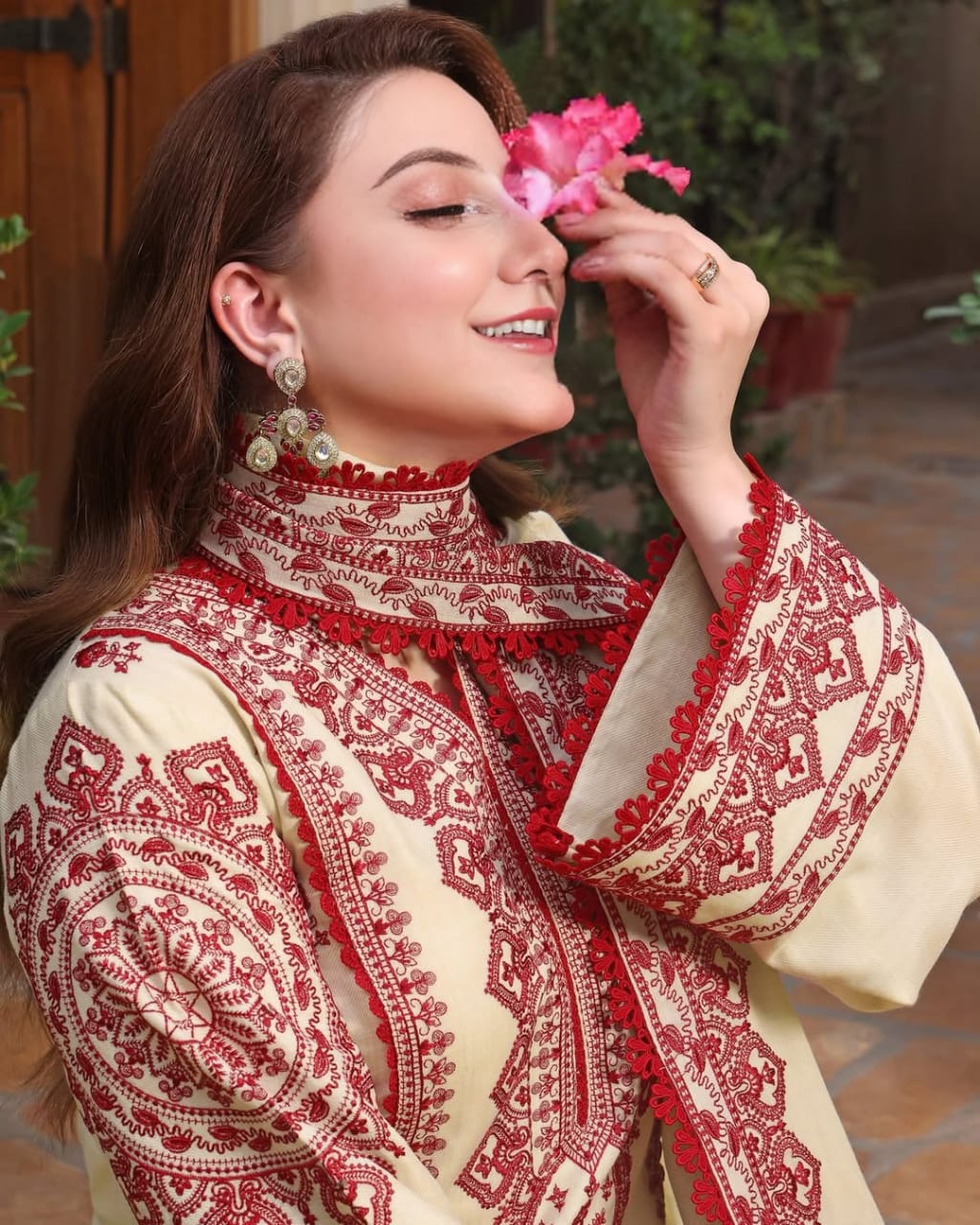 Classic Ivory & Maroon Heavy Embroidered 3-Piece Suit | Luxurious Winter Khaddar Dress | Festive & Wedding Wear