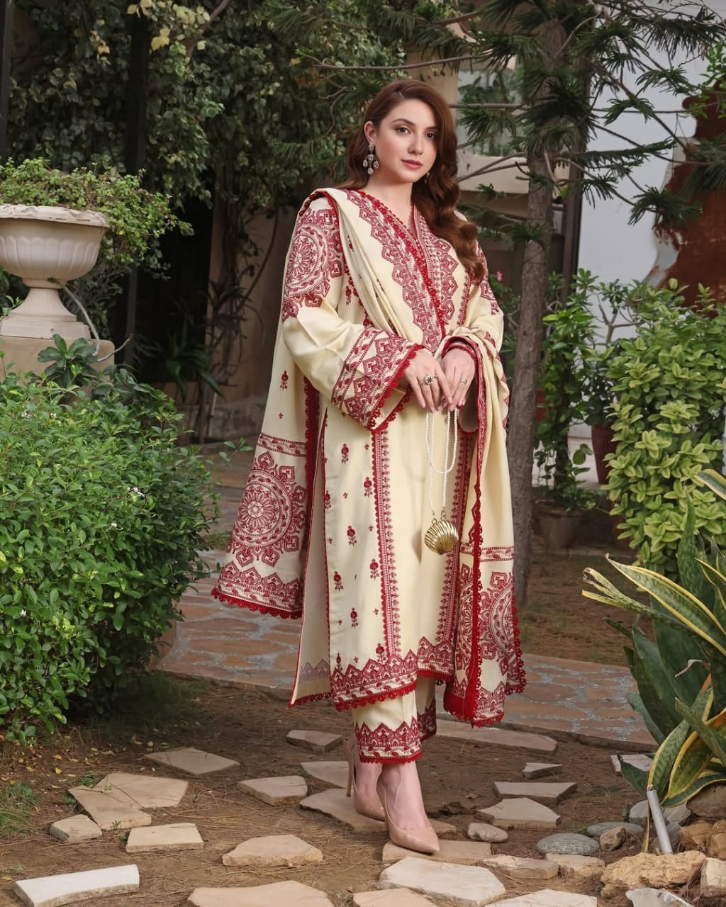 Classic Ivory & Maroon Heavy Embroidered 3-Piece Suit | Luxurious Winter Khaddar Dress | Festive & Wedding Wear