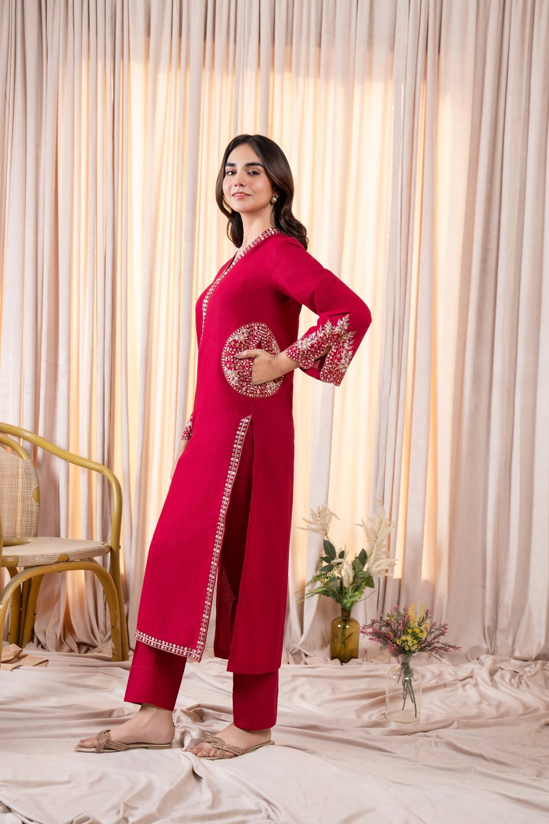 Luxury Maroon Embroidered Kurta | Ready to Wear Karandi/Linen Formal Shirt
