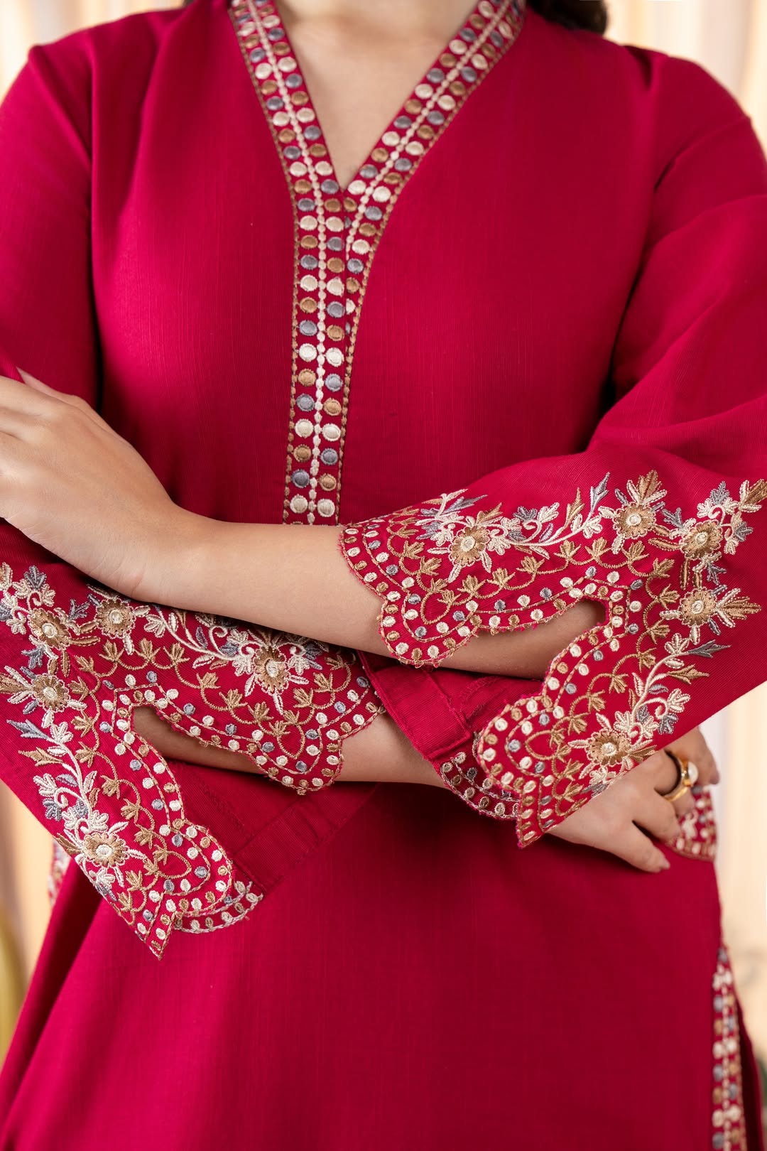Luxury Maroon Embroidered Kurta | Ready to Wear Karandi/Linen Formal Shirt